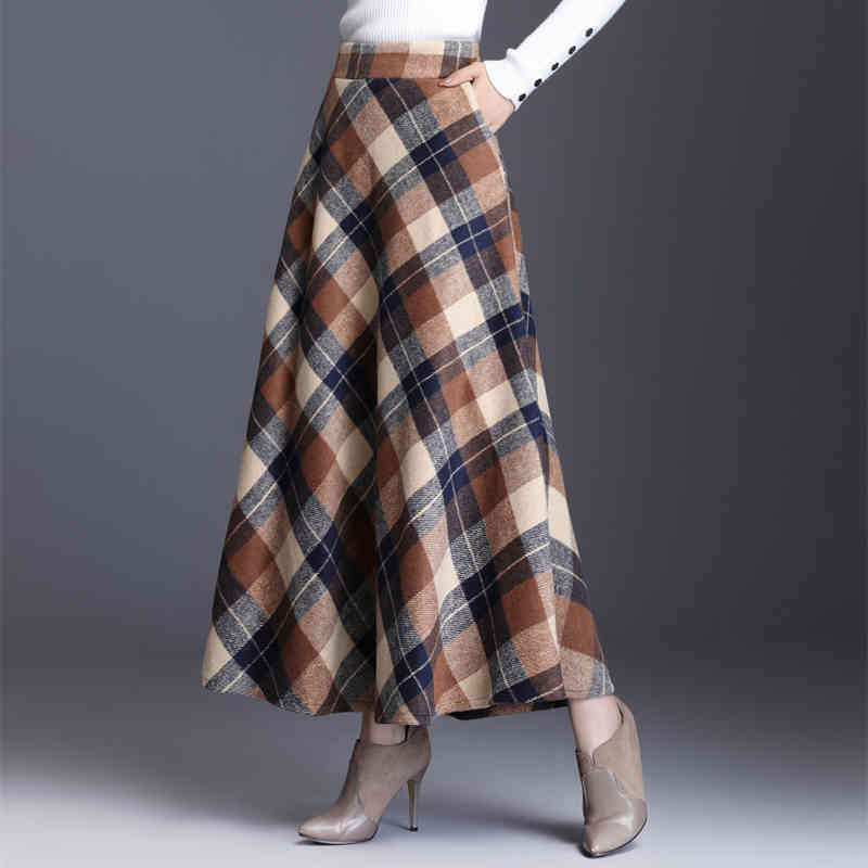 Skirt Womens Autumn Winter Plus Size3XL Elegant Korean Style Fashion Plaid Tall Waist Long Clothing Thickening 210428