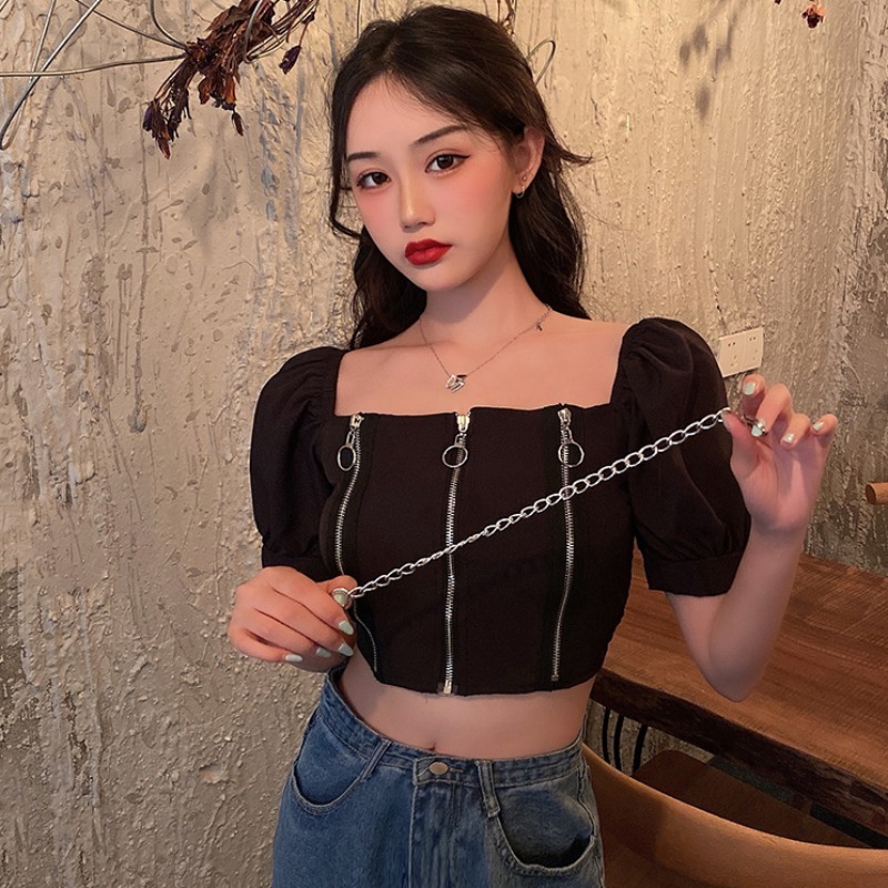 summer streetwear t shirt women zipper chains fashion short sexy ropa mujer puff sleeve t-shirt retro tops 17334 210415