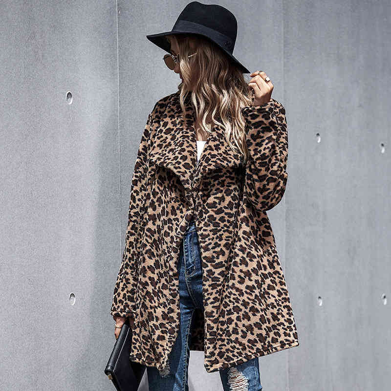 Leopard Faux Fur Jacket Women New Autumn Winter Warm Soft Fur Coat Female Plush Overcoat Casual Medium Long Jacket 210413