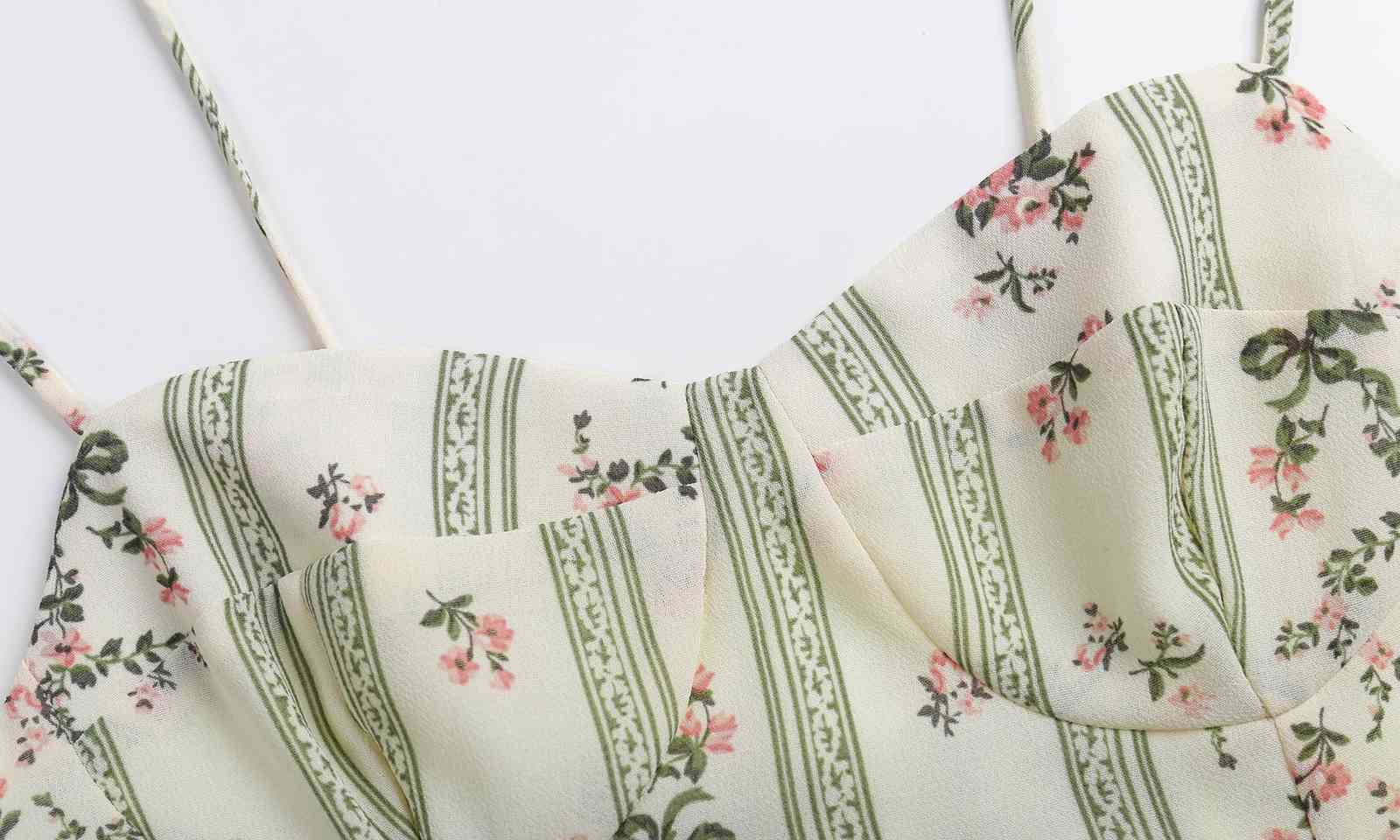 French Summer Striped Flower Print Bandage Spaghetti Strap Slit Long Dress Retro Sexy Women Lacing Up Sling Dresses Vestido 210429