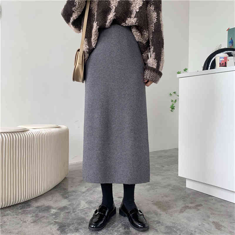 Autumn Winter High Waist Vintage Solid Knitted Skirt Female OL Elegant Fashion Package Hip Long Skirts Womens 4 Color 210421