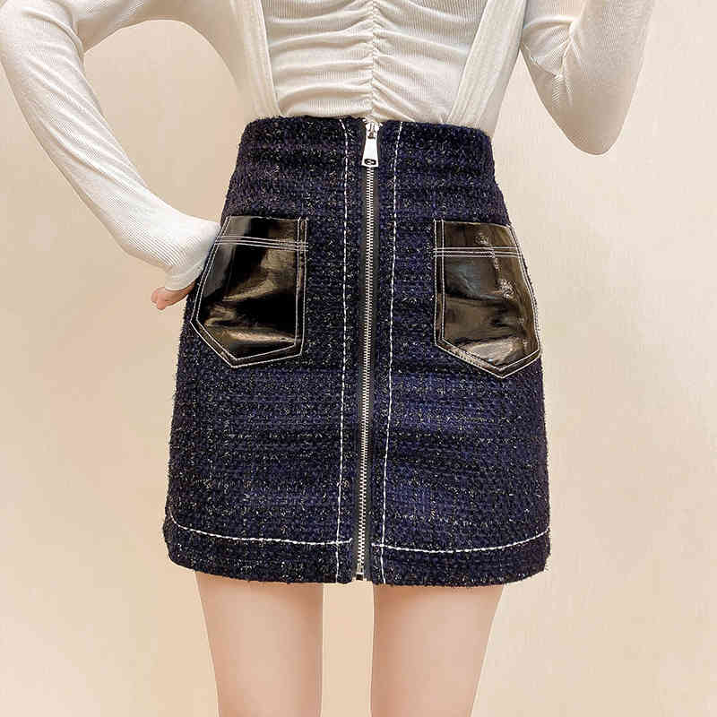Nomikuma High Waist Woolen Mini Skirts Spring New Zipper Slim Sexy Women Skirt Causal Pockets Patchwork Faldas Mujer 6E476 210427