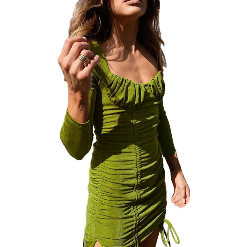 Women Autumn Long-sleeved Dress Fashion Solid Color Pleated Drawstring Skinny Short Casual Dresses