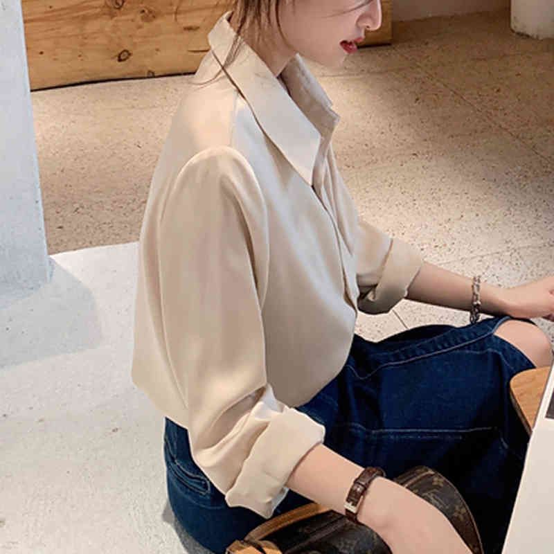 French Fashion Vintage Blouse Silk Satin Shirts Long Sleeve Women Ladies Tops Solid 4 Colors Lapel Women's 11045 210427