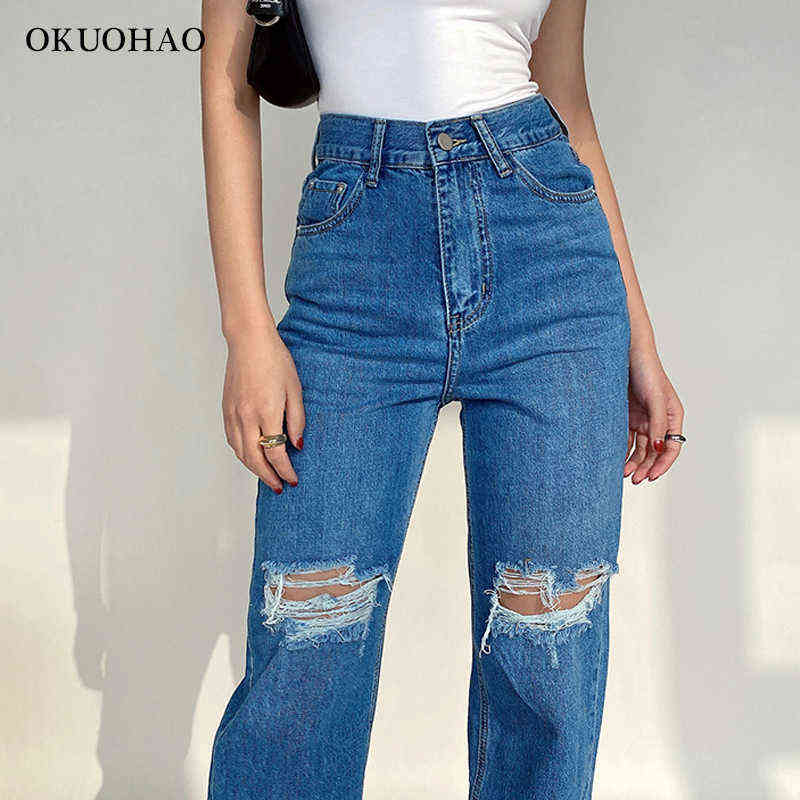 Women's Fashion Jeans High Waist Ripped Wide Leg Loose Denim Trousers For Female Baggy Mom Straight Pants Casual Y2k Jean 211129