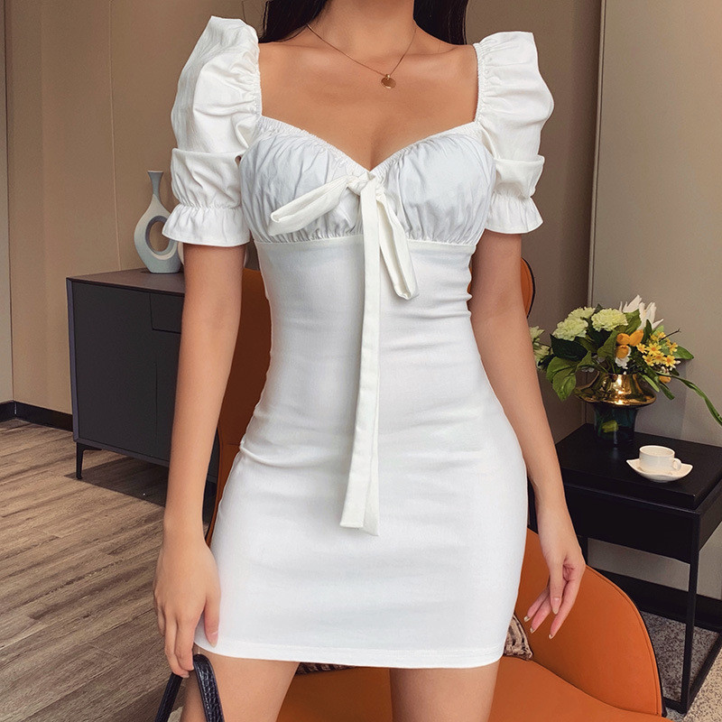 CNYISHE Vintage Puff Sleeve Dress Women Fashion Sexy Square Collar Sheath Casual Bandage Dress Women Lace up Dresses Vestidos 210419