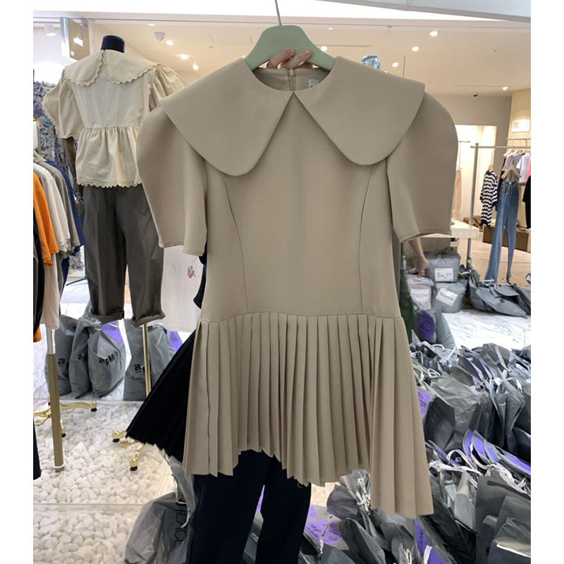 Women Casual Dress Summer Korean Chic Ladies Sweet Doll Collar High Waist Puff Sleeve Stitching Pleated Mini Dress Vestidos 210518