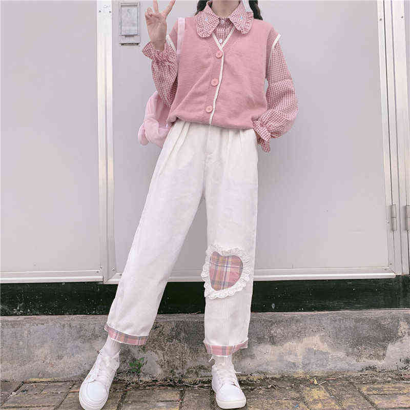 Japanese Harajuku Wild Cute Soft sister Casual Corduroy Kawaii Straight Pants Teen Girls Love Heart Patch Loose Students 211124