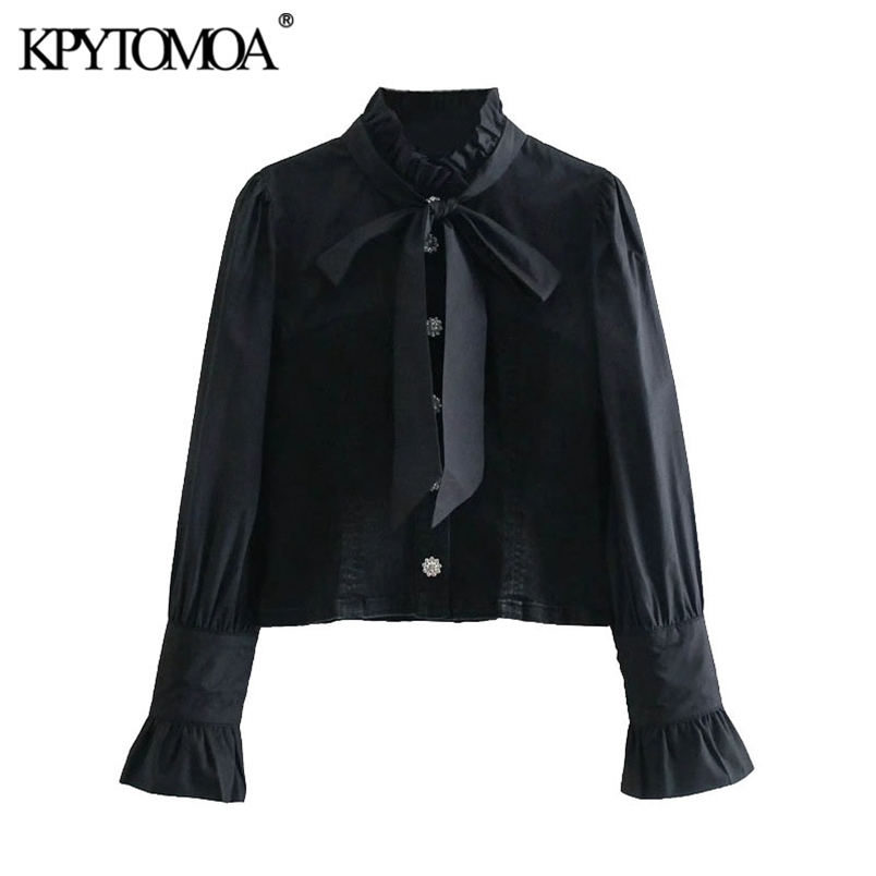 Women Fashion With Bow Tie Patchwork Denim Cropped Blouses Long Sleeve Button-up Female Shirts Chic Tops 210420