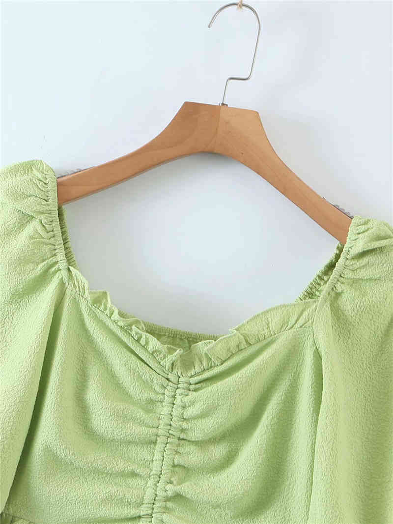 Elegant Women Square Collar Shirts Fashion Ladies Ruffles Drawstring Short Tops Sweet Female Chic Puff Sleeve Blouses 210430