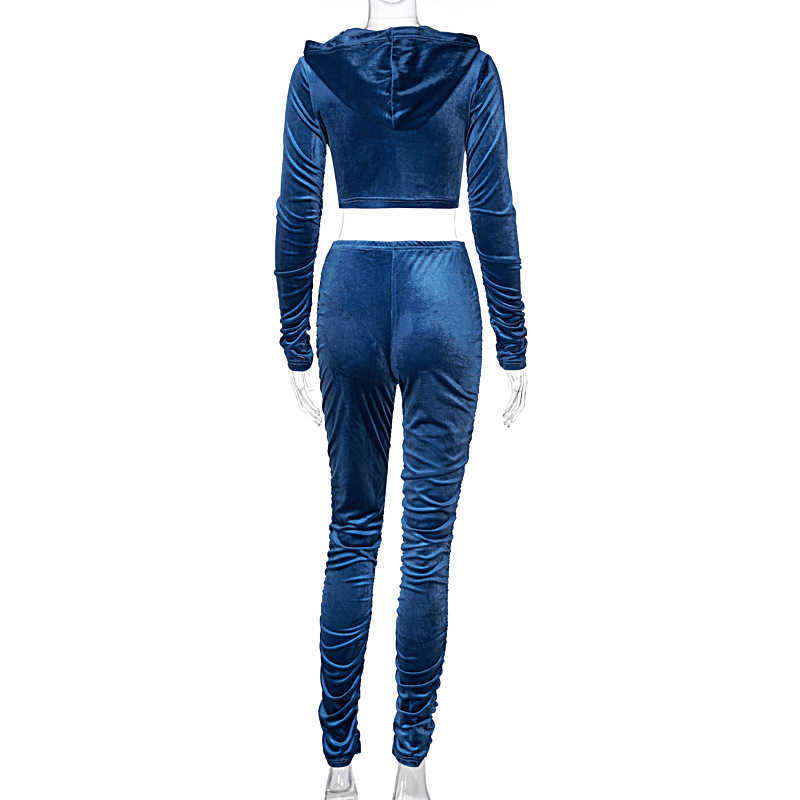 Colysmo Blue Velour Tracksuit Zipper up Hoodie Stacked Sweatpants Women Two Piece Pants Set Autumn Fashion Street Casual Suit 210527