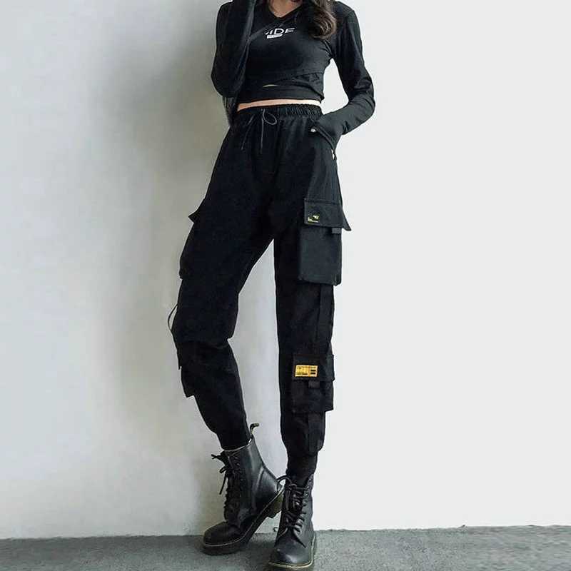 Women's Cargo Pants Black Ribbon Pocket Jogger Elastic Waist High Streetwear Harajuku Pant Punk Females Trousers Harem Pants Y0811