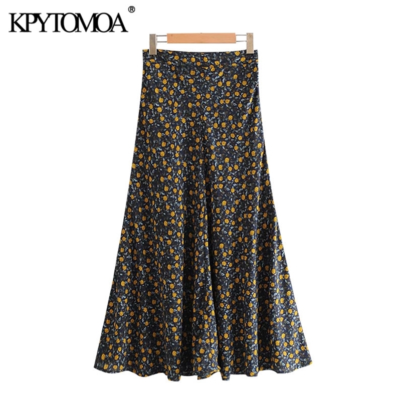 Women Fashion Floral Print Pleated Midi Skirt High Waist Side Zipper Female Skirts Mujer 210420