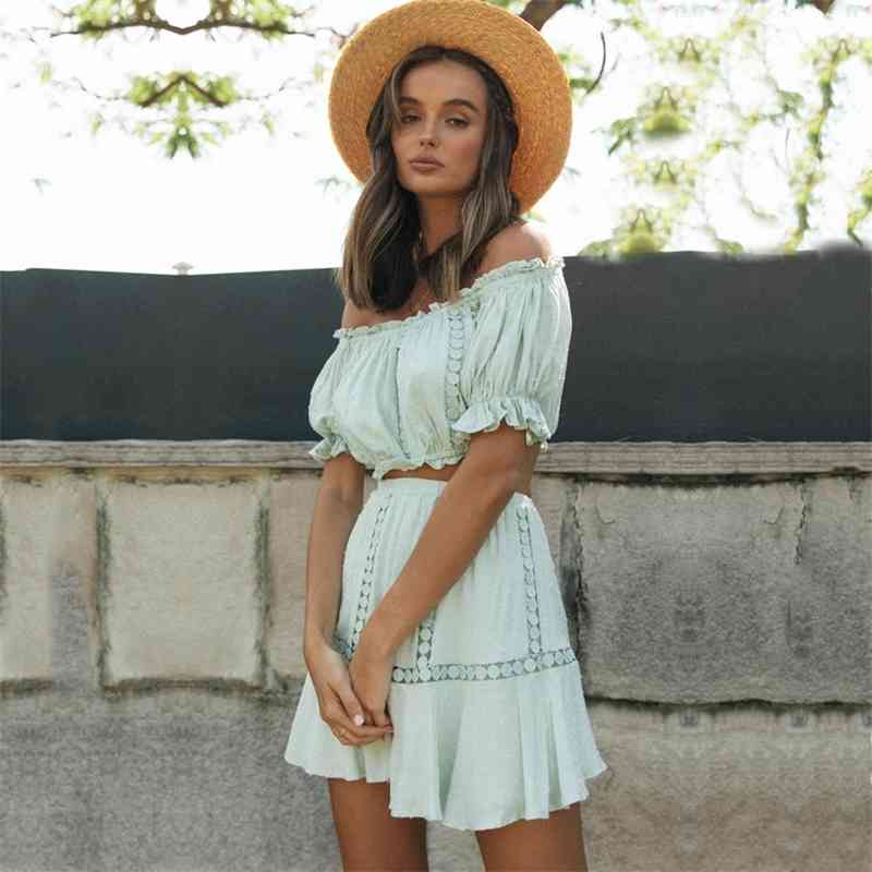 Sexy Bikini Cover-ups Elegant Off The Shoulder Bandeau and Mini Dress 2 Pieces Set Women Beach Wear Swim Suit Cover Up A772 210420