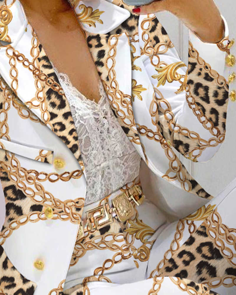 Autumn Women 2 Pieces Chain Print Blazer Coat & Pants Suit Sets Femme Formal Jacket & Trousers Office Lady Outfits 211007