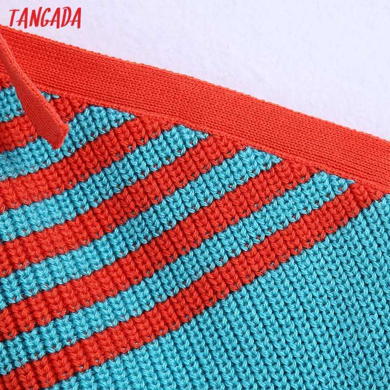 Tangada Women Striped Patterh Hatler Cropped Tanks Top Sleeveless Backless Female Knit Tops BE954 210609