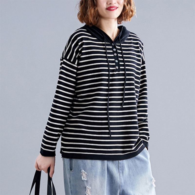 Spring Autumn Arts Style Women Long Sleeve Loose Hooded Pullovers All-matched Casual Striped Knitted Hoodies Big Size M649 210512