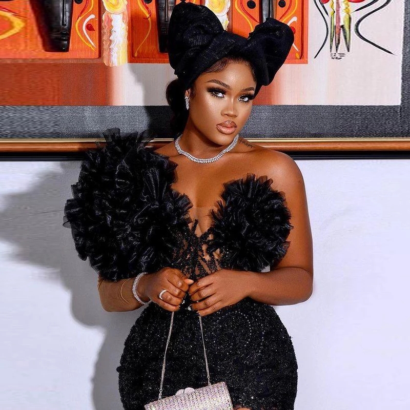 sexy Black Thigh Split Mermaid Prom Dresses For African Girl Lace Beaded Reception Evening Gowns One Long Sleeve See Through Special Occasion Skirts