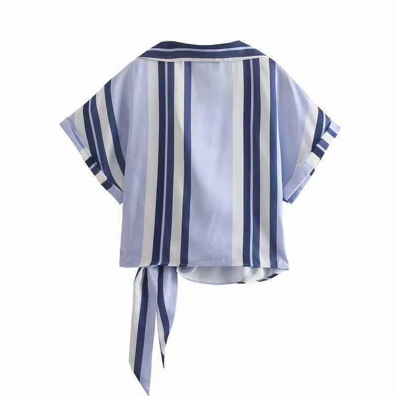Za Striped Cropped Shirt Women Short Sleeve Knotted Blue Blouse Feminine Fashion Hidden Button Vintage Summer Wrap Top 210602