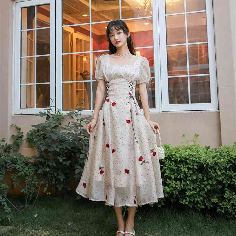 Vintage Elegant Square Neck Dot Summer Dress Casual Embroidery Flowers Lace Up A Line Dres Midi Robes Korean 210520