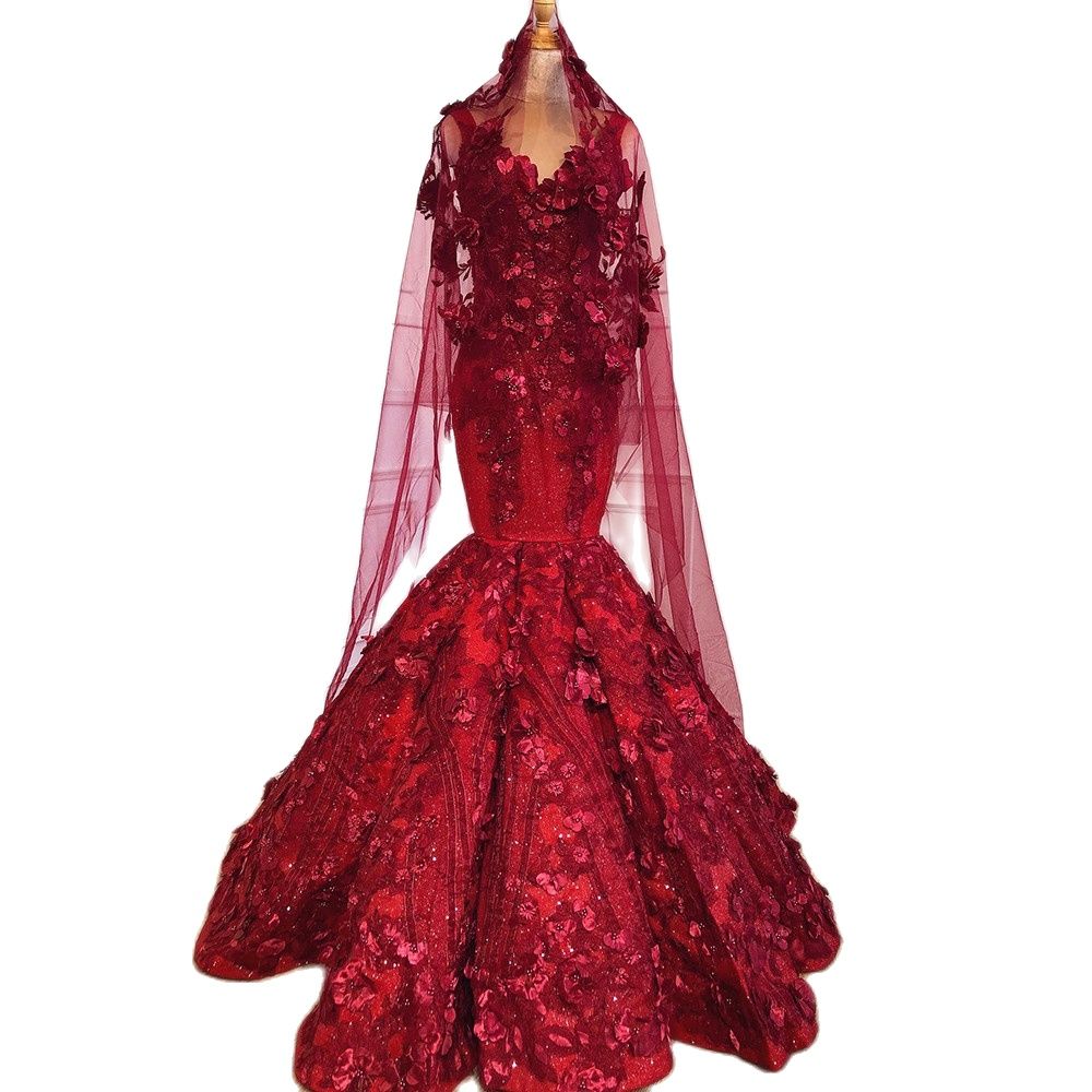 Wine Red Sexy Wedding Dress Custom Made Sleeveless 3D Flowers Mermaid Lace Applique Pearls Bride Bridal Gown