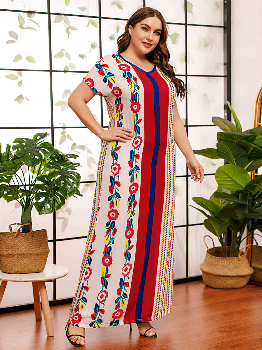 Siskakia Comfortable Viscose print Plus Size Dresses for Women Summer V Neck Short Sleeve Maxi Long Dress Casual Arab Clothing 210331