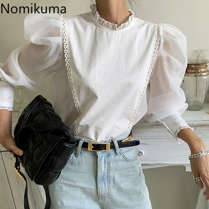 Nomikuma Ruffle Stand Neck Women Tops Korean Perspective Mesh Puff Sleeve Patchwork Blouse Causal Spring Blusas Shirt 6E115 210427