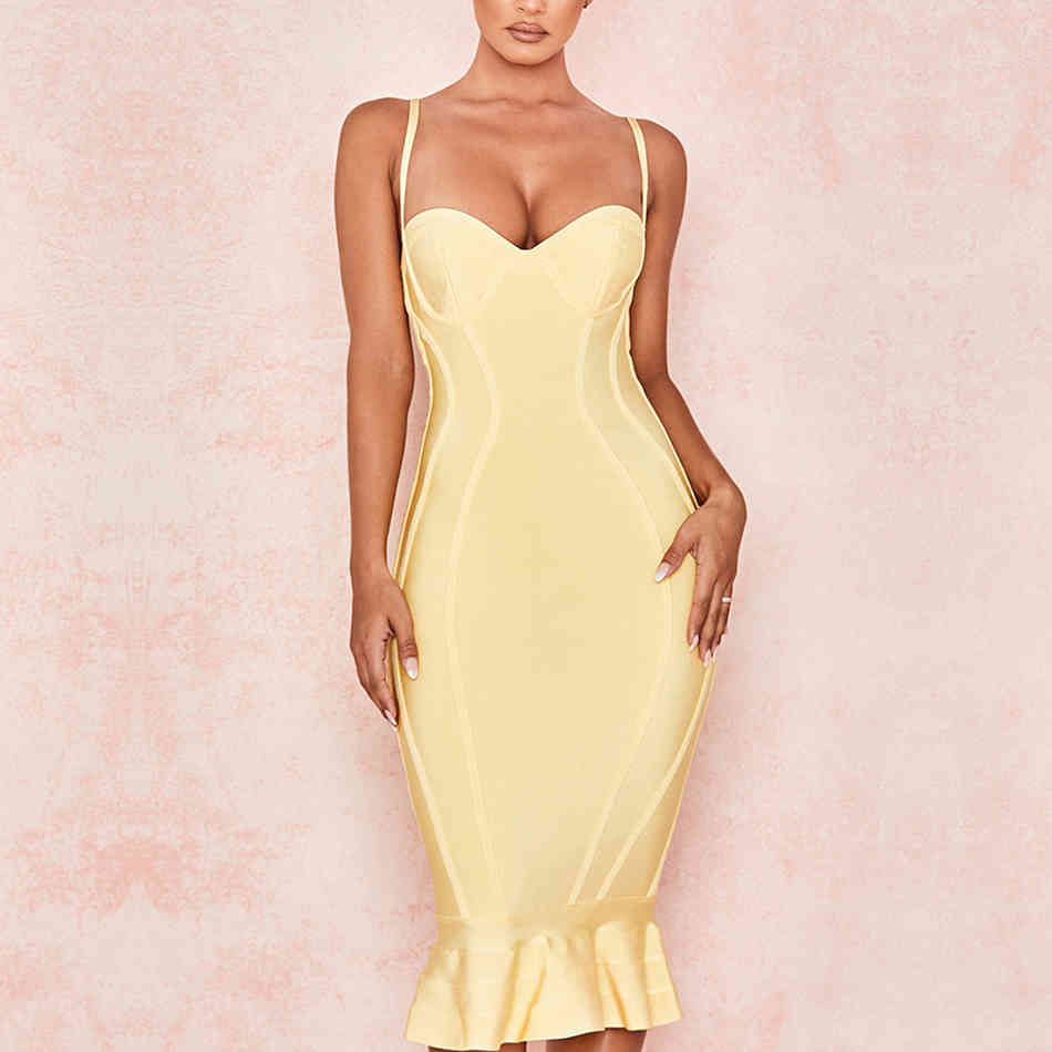 Summer Women Midi Bodycon Bandage Dress Sexy Sleeveless Spaghetti Strap Mermaid Club Celebrity Runway Party 210423