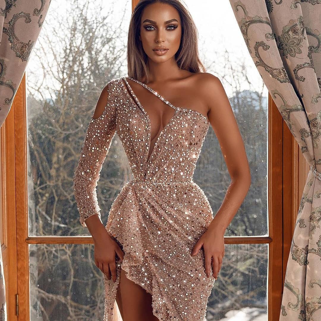 Dubai Design Sequined Evening Dresses Middle East One Shoulder Glittle Party Gowns Turkish Prom Dress Vestidos Festa