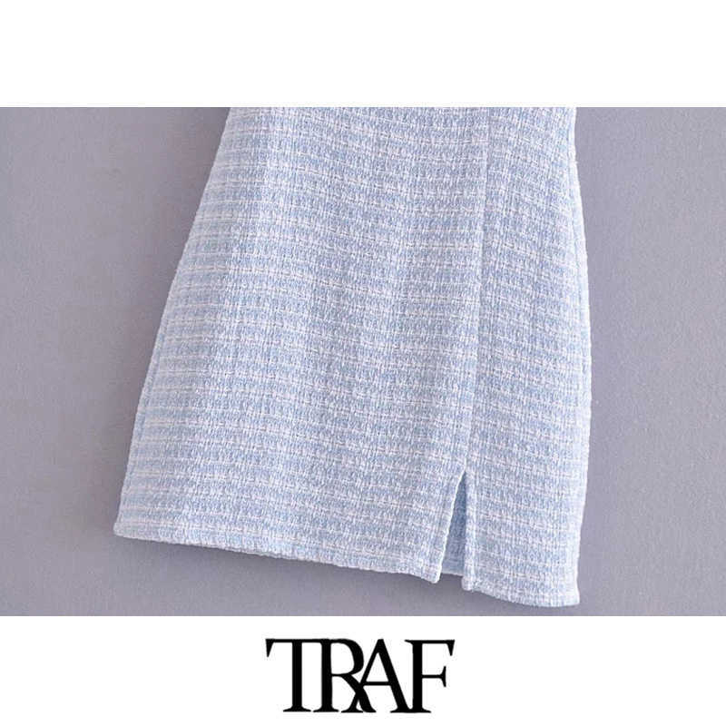 TRAF Women Chic Fashion Front Slit Hem Tweed Mini Dress Vintage Backless Zipper Thin Straps Female Dresses Vestidos 210630