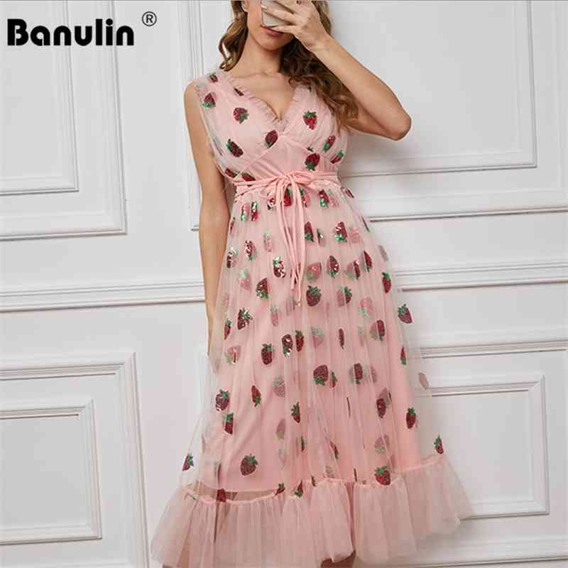 Banulin Summer Runway Drill Strawberry Dress Women Sleeveless V-Neck Empire Lace-up Sheer Mesh Holiday Pink Lady 210603
Banulin Summer Runway Drill Strawberry Dress Women Sleeveless V-Neck Empire Lace-up Sheer Mesh Holiday Pink Lady 210603