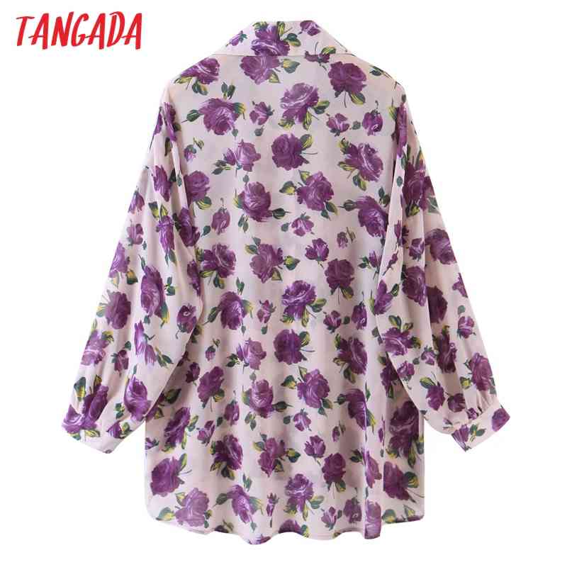 Women Retro Purple Flowers Print Chiffon Shirt Blouse Long Sleeve Chic Female Tops SL545 210416