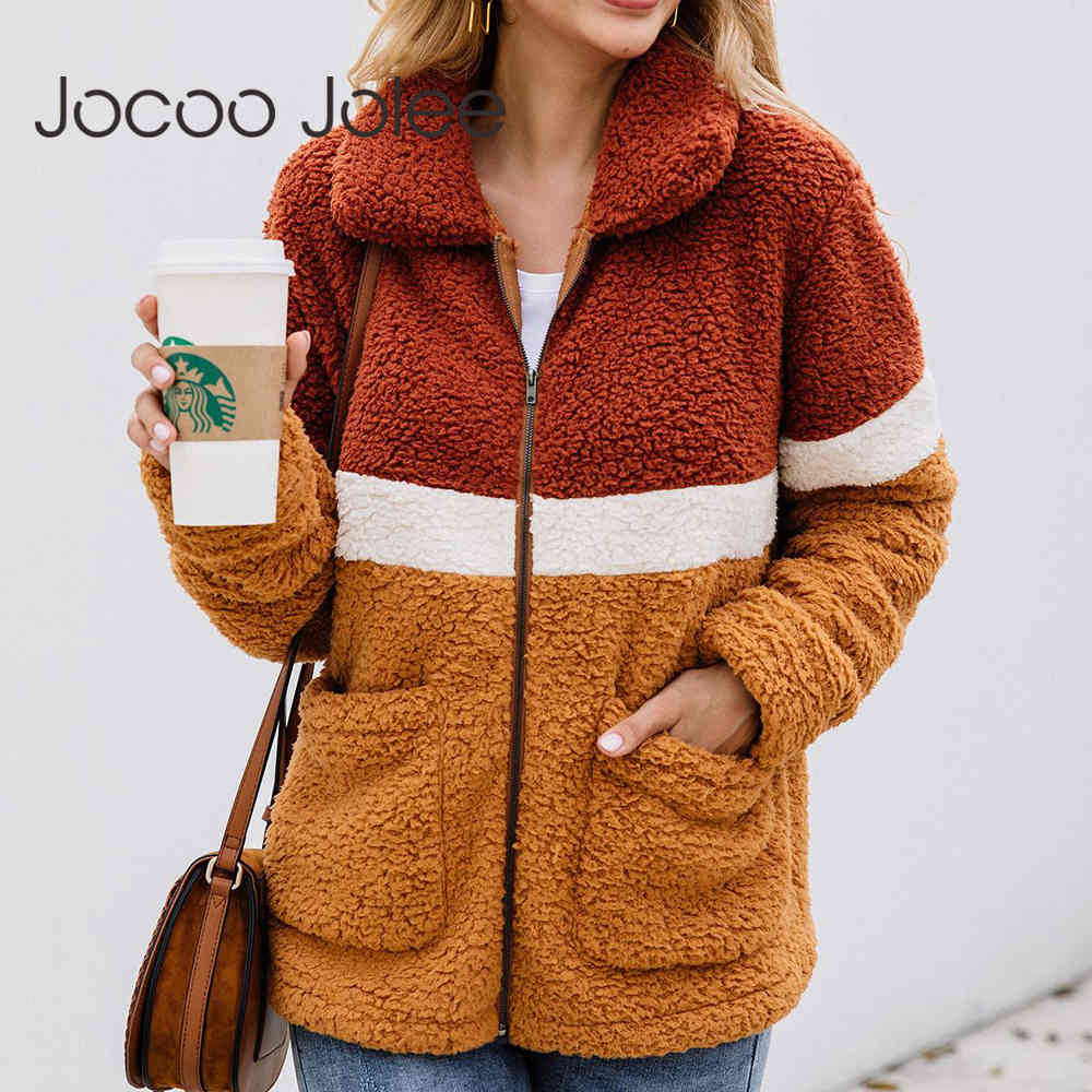 Color Block Warm Thick Faux Fur Zipper Hoodies Caual Pockets Teddy Jacket Elegant Coat Fashion Patchwork Outwear 210428