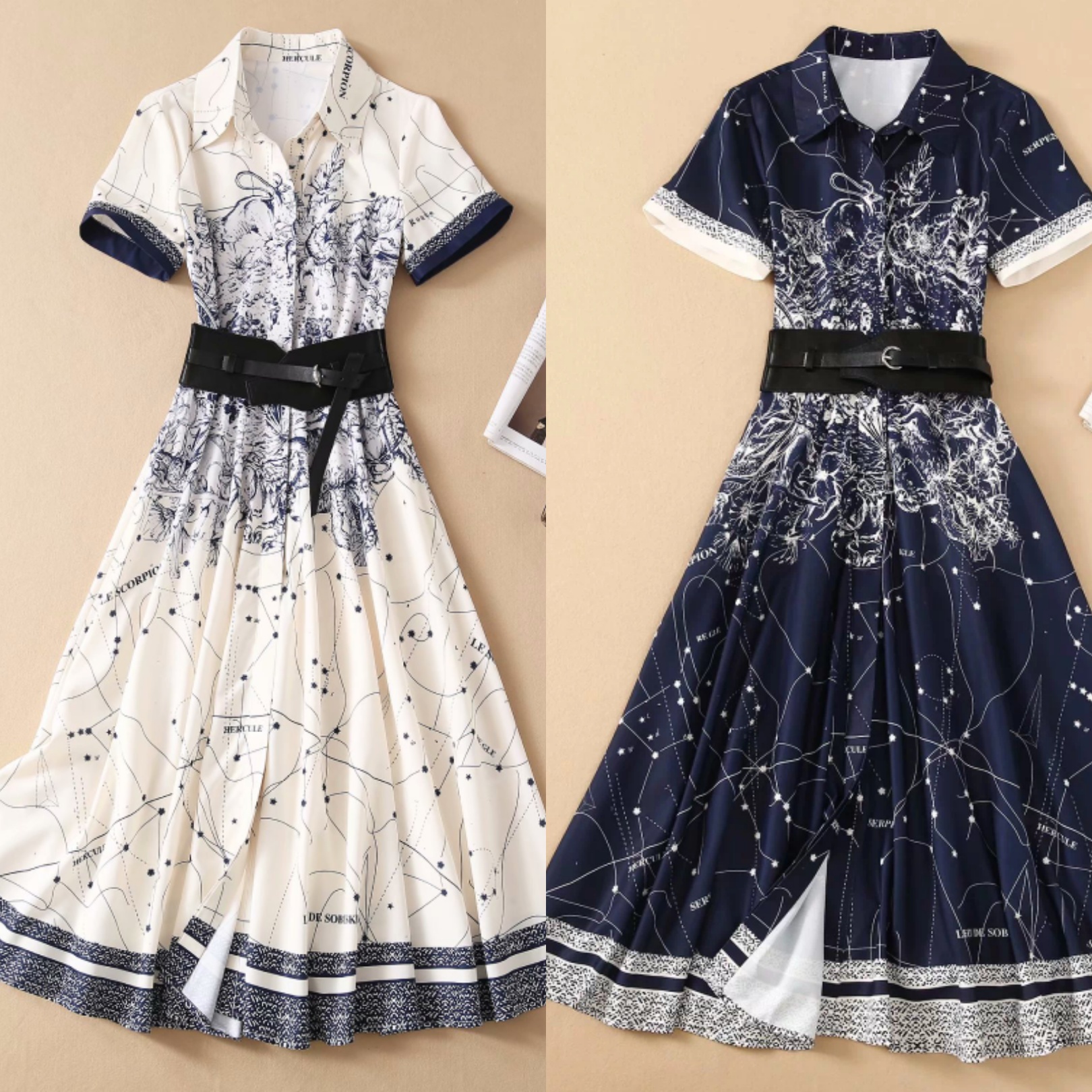 European and American high-quality shirt dress single-breasted lace-up waist printed short-sleeved, As picture
European and American high-quality shirt dress single-breasted lace-up waist printed short-sleeved, As picture