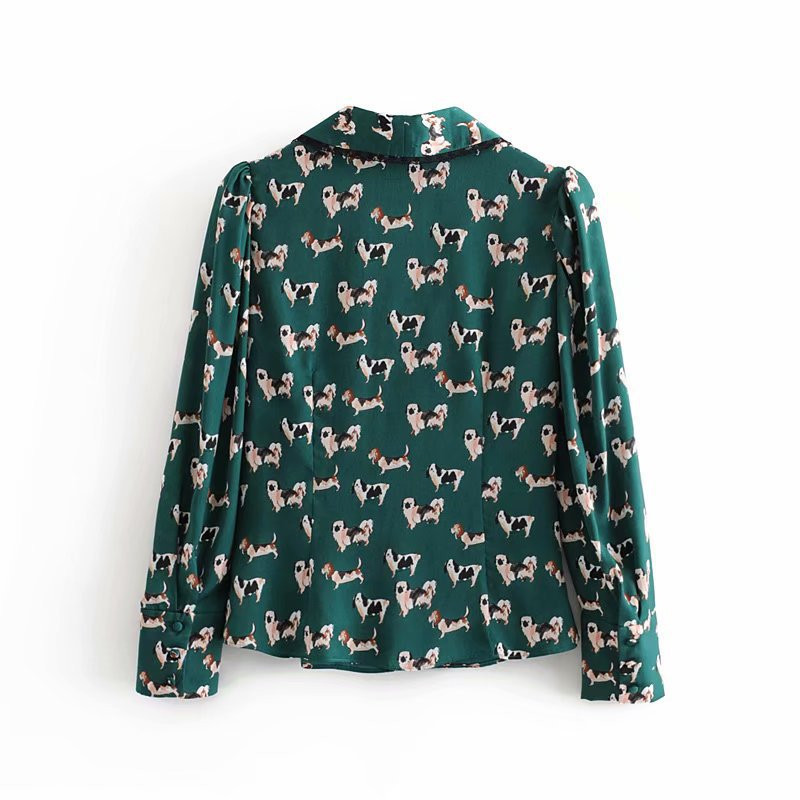 Women Green Dog Print Blouse Shirt Puff Sleeve Elegant Bow Tie Vintage Animal Pattern Top Casual Long Polyester