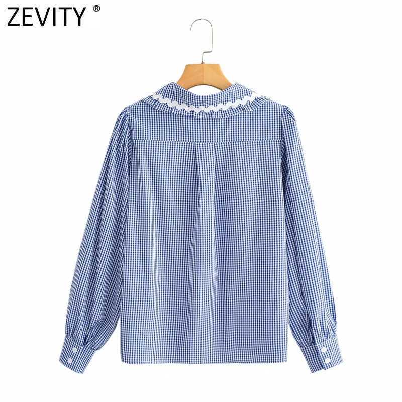 Zevity Women Sweet Peter Pan Collar Plaid Print Casual Blouse Office Lady Puff Sleeve Ruffle Retro French Shirt Chic Tops LS9274 210603