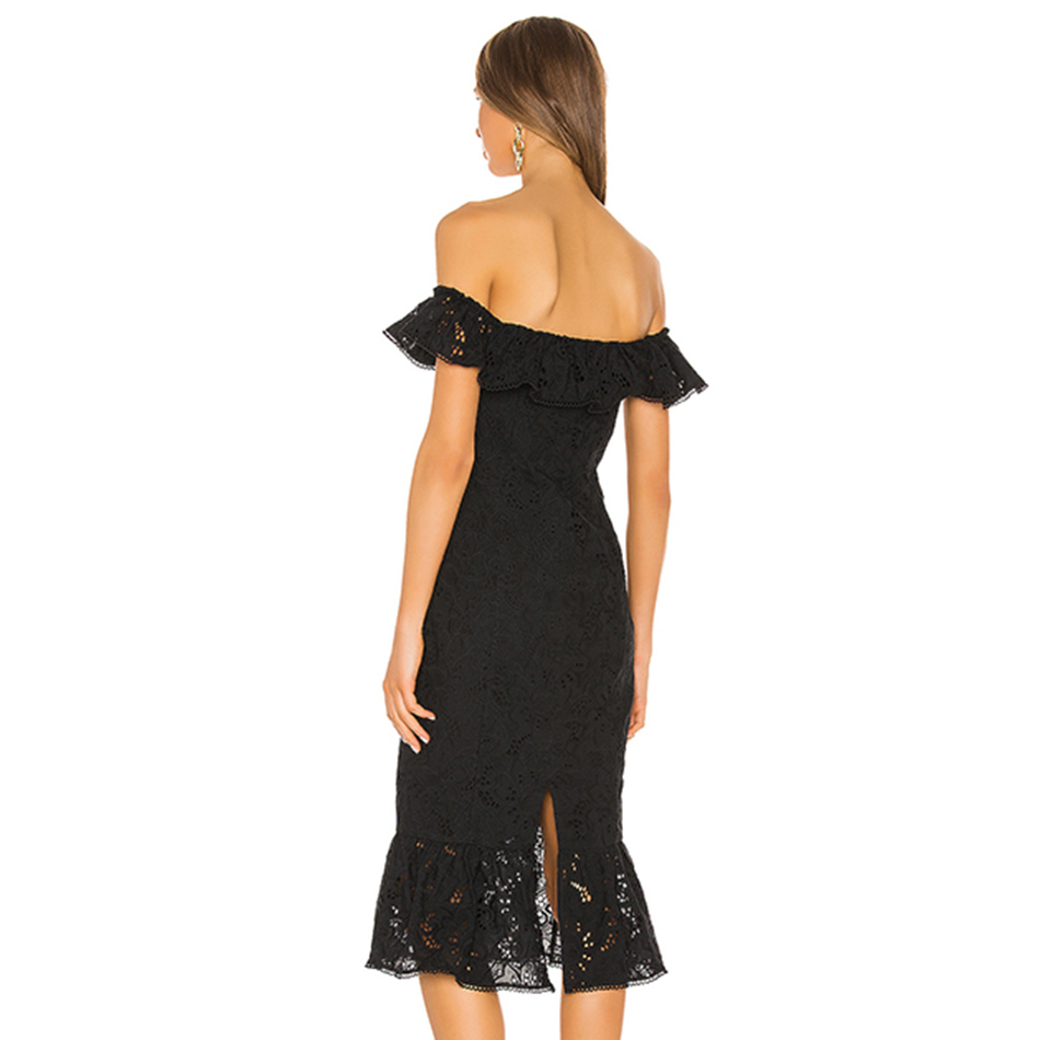 Free Lace Bandage Dress Arrival Sexy Card Shoulder Ruffle Sleeve Bodycon Halter Midi Club Party Vestidos 210524
