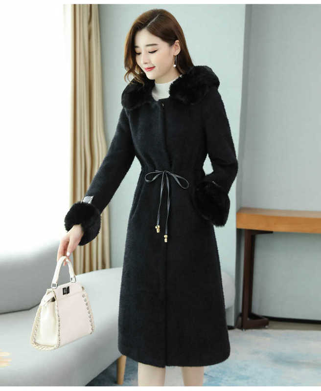 Office Ladies Winter Outerwear Long Faux Coat Women Maxi Overcoat Fur Collar Hoody Drawstring BUR122909 210928