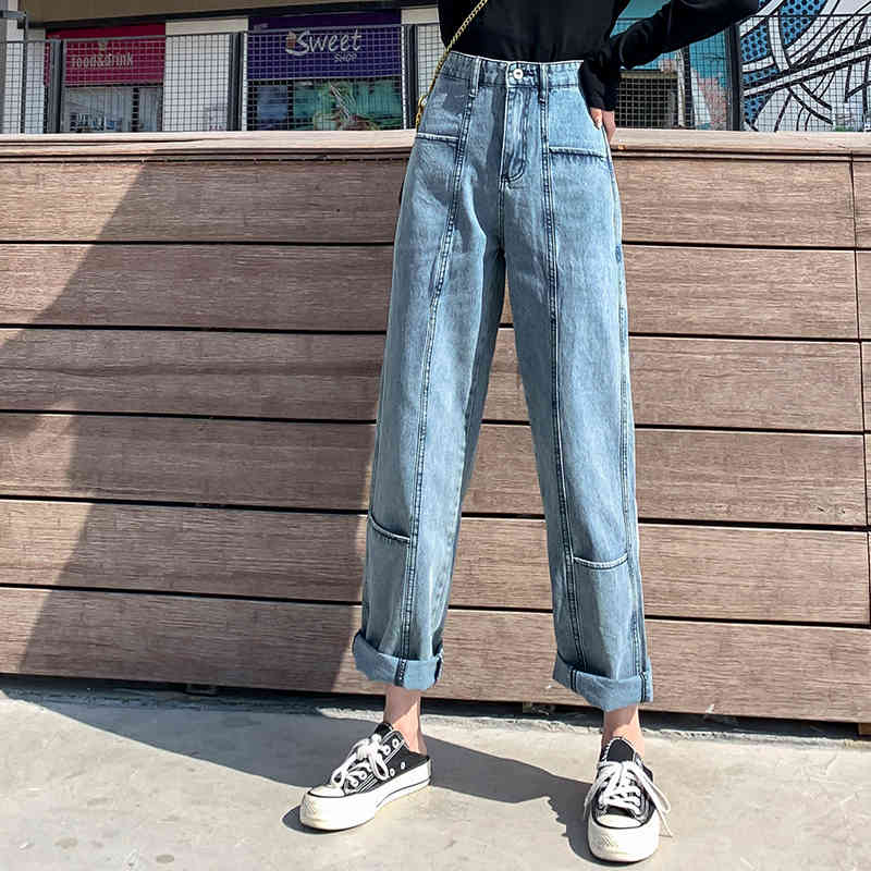 Korean Style Women Allmatch Loose High Waist Straight Wide Leg Pants Fashion Blue Jeans Full Length Trousers 10733 210417