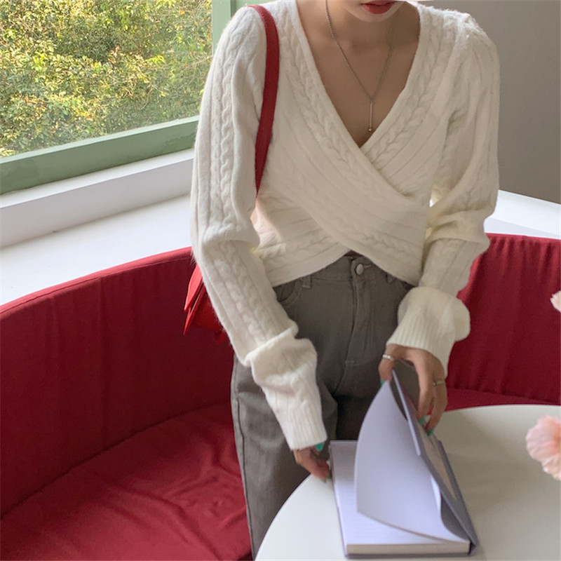 Autumn Winter Sweater Office Lady Work Pullover Solid Sexy V-Neck Long Sleeve Knitted Sweaters Women's Crop Tops 210421