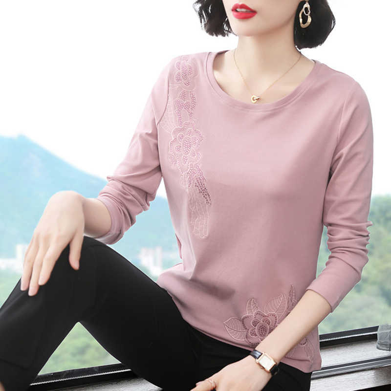 shintimes Diamonds Tshirt Female Flower T-Shirt Women Cotton Fall Clothes Camisas Mujer Long Sleeve Plus Size Tee Shirt Femme 210615Z