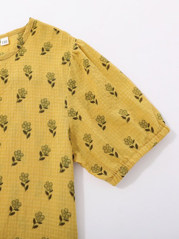 Girls Ditsy Floral Print Puff Sleeve Keyhole Back Dress SHE