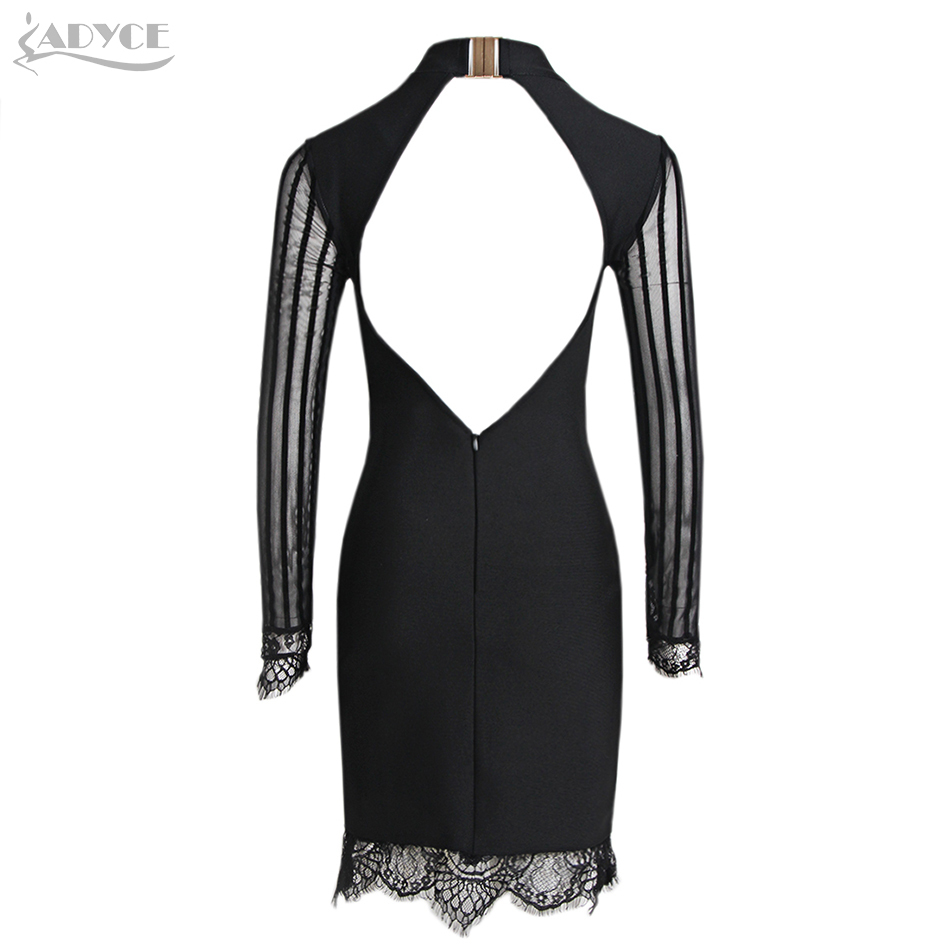 Winter Women Black Lace Backless Mini Club Bandage Dress Sexy Long Sleeve Celebrity Evening Party Bodycon Dresses 210423