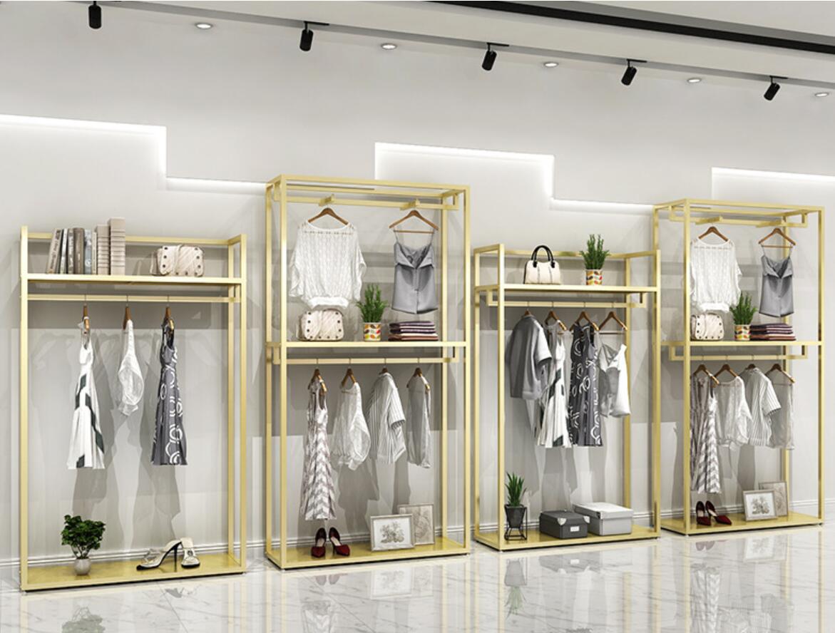 Gold Hanger men's and women's clothing store shelf Commercial Furniture clothes display rack floor type shelfs golden hangers cloth shop