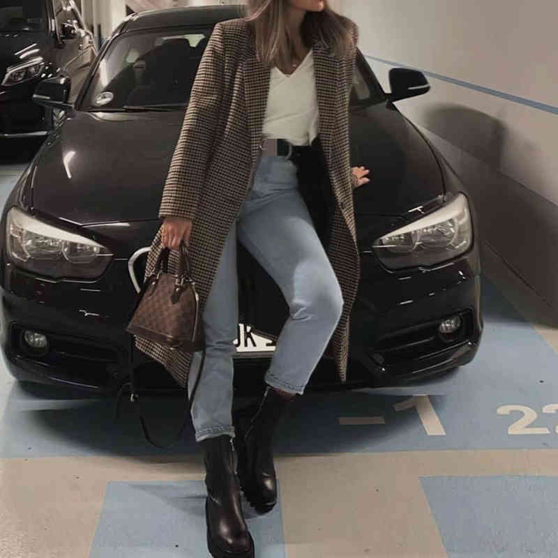 Vintage Woman long Plaid Coat Fashion Ladies Autumn Casual Single Breasted Outwear Female Warm Jackets 210515