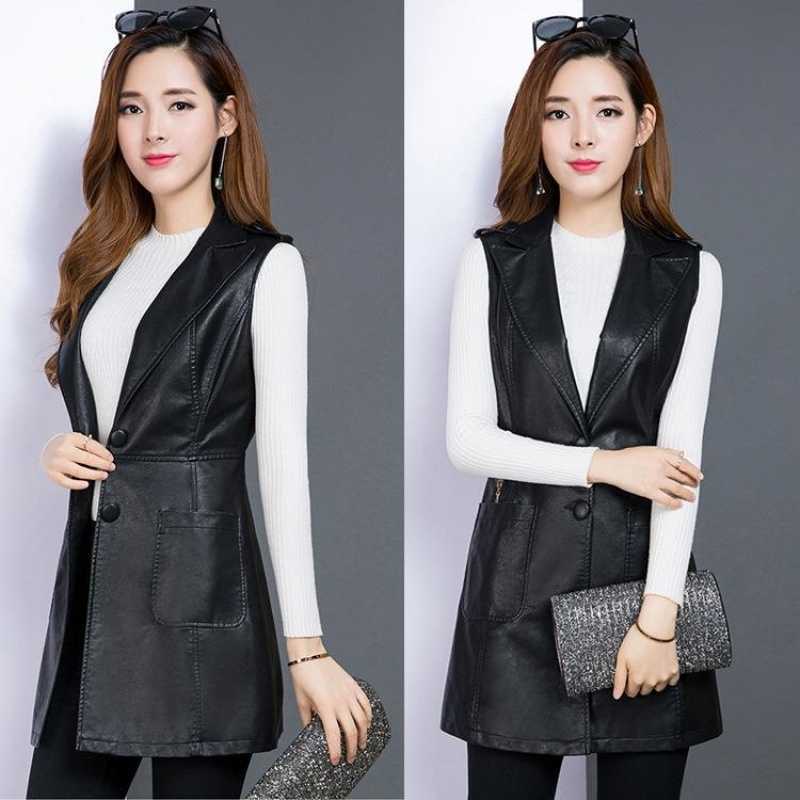 Plus Size 3XL PU Leather Red Women's Vest Long sleeveless sherpa Coat Female Spring Waistcoat for Feminine jacket 210819