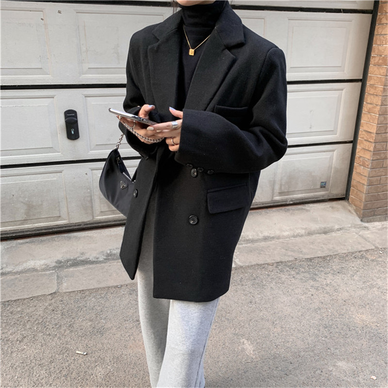 OL Notched Minimalist Quilted Thick Woolen Blazer Suit Jacket Autumn Winter Tops Women Blazers Loose Casual Overcoat 210421