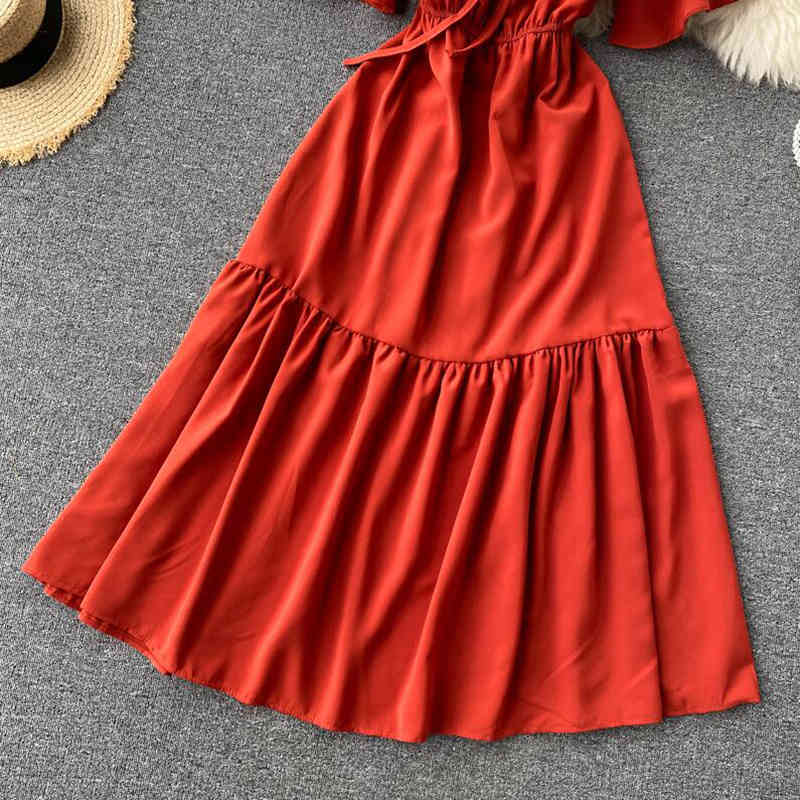 Sweet Ruffles Midi Long Summer Party Dress Elegant High Waist Dress Women Vestido De Festa Casual Beach A-line Dress 210521