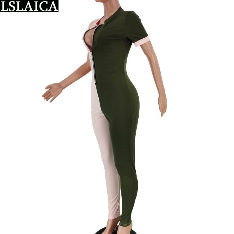 jumpsuits for women two color patchwork slim fashion zip decorated hollow out short sleeve bodysuit sport 210520
