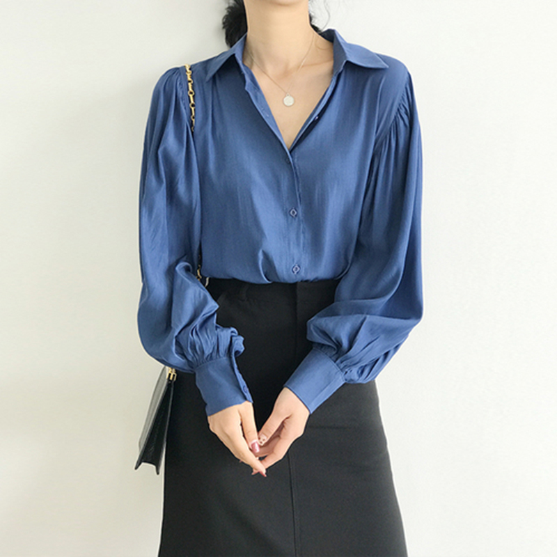 Spring Summer Korea Fashion Women Loose Lantern Sleeve White Shirts Silk Quality Turn-down Collar Casual Blouse Female Tops S452 210512